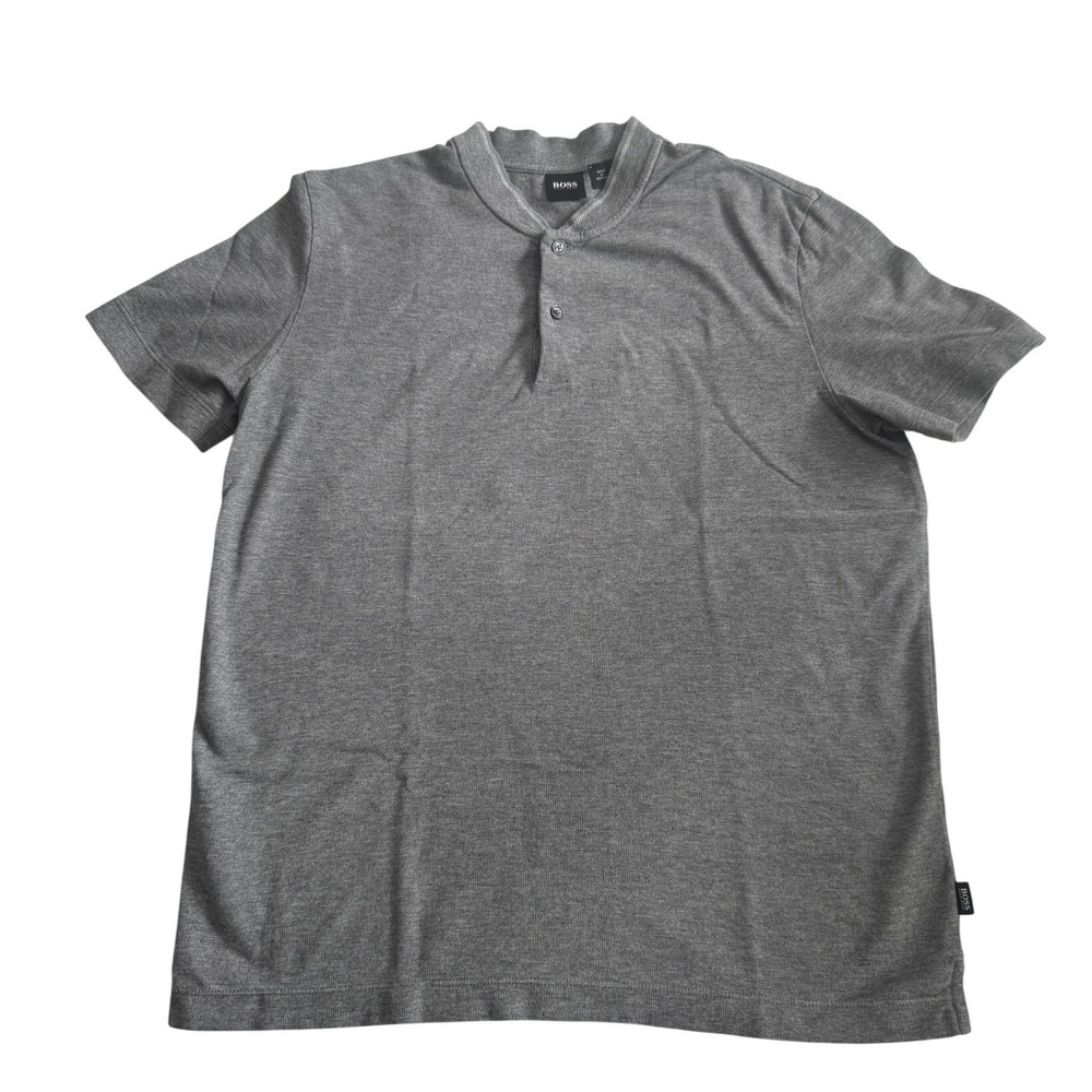 BOSS Hugo Boss Grey‎ Textured Band Collar Henley Polo Shirt Mens Medium